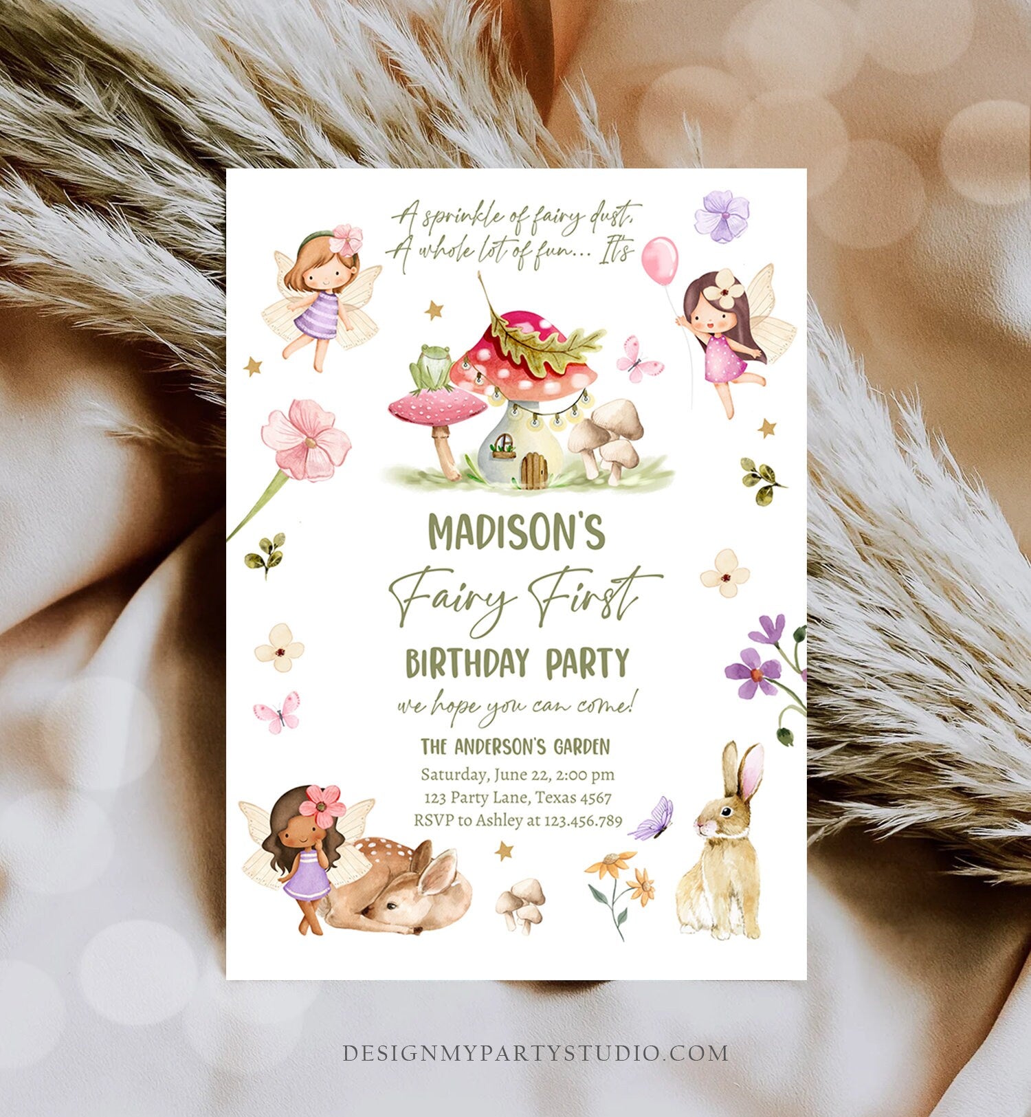 Editable Fairy Birthday Invitation Whimsical Enchanted Pixie Fairy Party Floral Fairy Girl Digital Download Evite Template Printable 0438