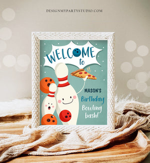 Editable Bowling Birthday Welcome Sign Strike Up Some Fun Boy Bowling Party Pizza Welcome Poster Blue Orange Template PRINTABLE Corjl 0324