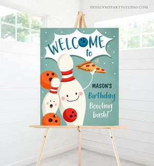 Editable Bowling Birthday Welcome Sign Strike Up Some Fun Boy Bowling Party Pizza Welcome Poster Blue Orange Template PRINTABLE Corjl 0324