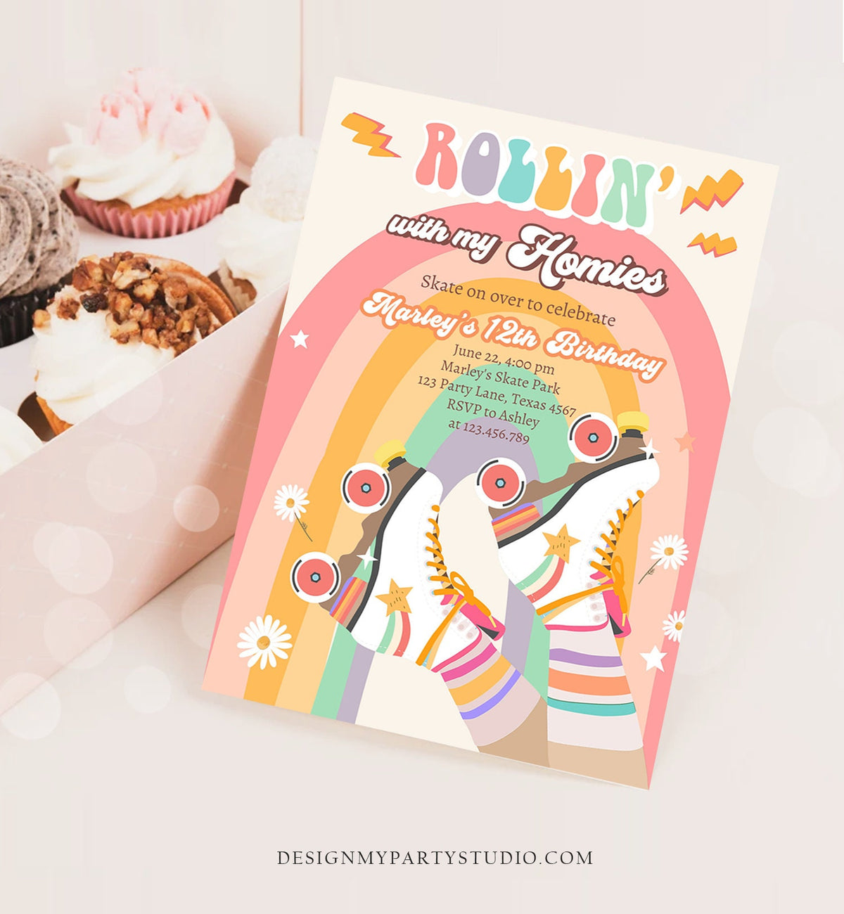 Editable Retro Roller Skate Birthday Party Invitation Rollin&#39; With My Homies Skating 70&#39;s Skate Invite Download Template Corjl Digital 0435