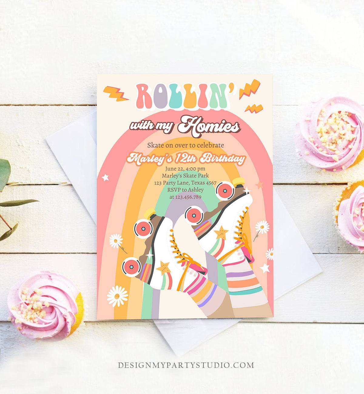 Editable Retro Roller Skate Birthday Party Invitation Rollin&#39; With My Homies Skating 70&#39;s Skate Invite Download Template Corjl Digital 0435