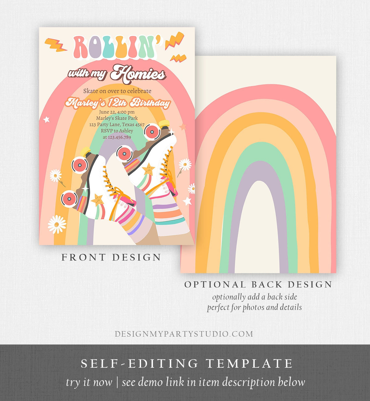 Editable Retro Roller Skate Birthday Party Invitation Rollin&#39; With My Homies Skating 70&#39;s Skate Invite Download Template Corjl Digital 0435