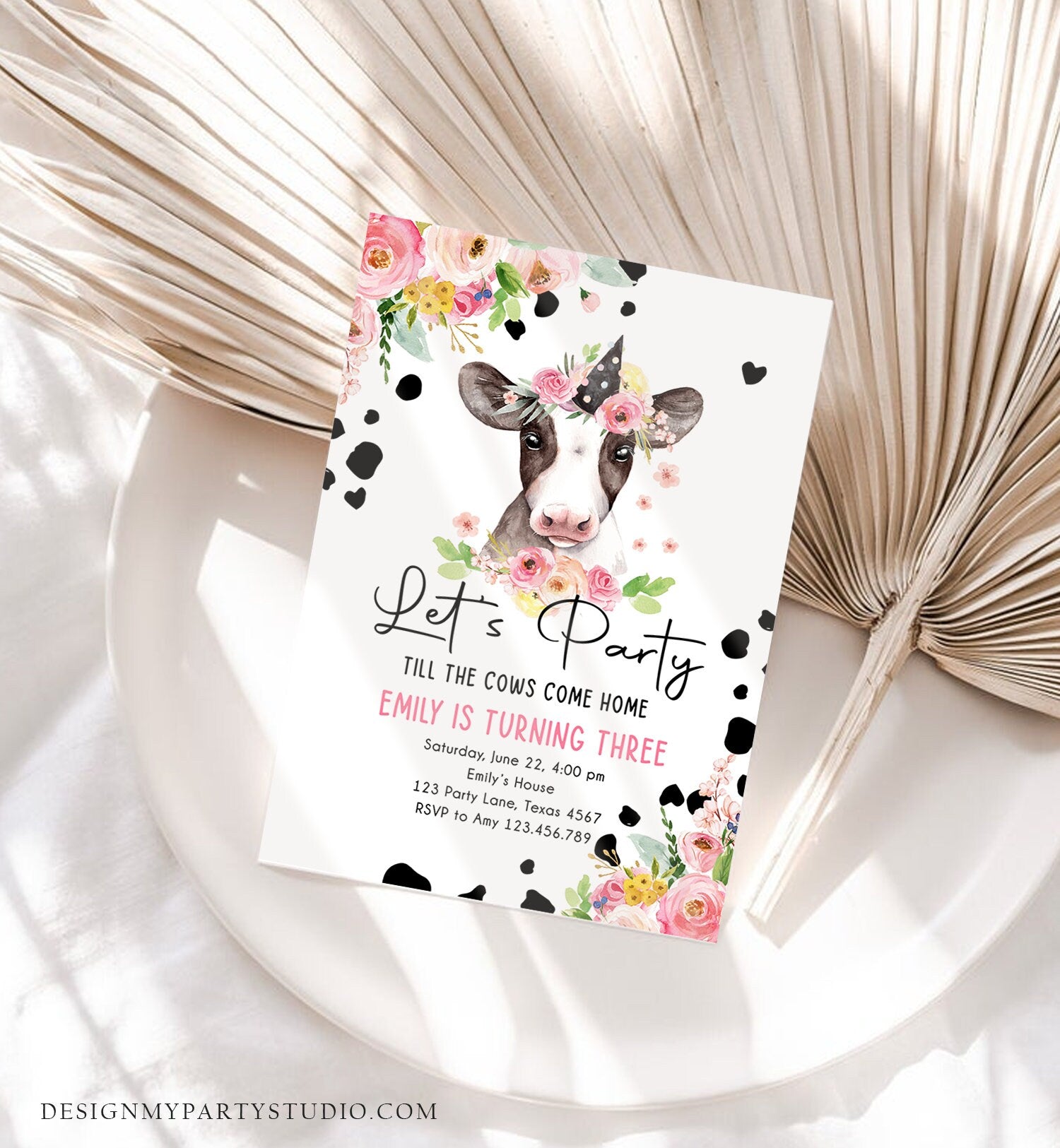 Editable Cow Birthday Invitation Girl Farm Animals Let's Party Till The Cowgirl Come Home Holy 1st Digital Download Template Printable 0434