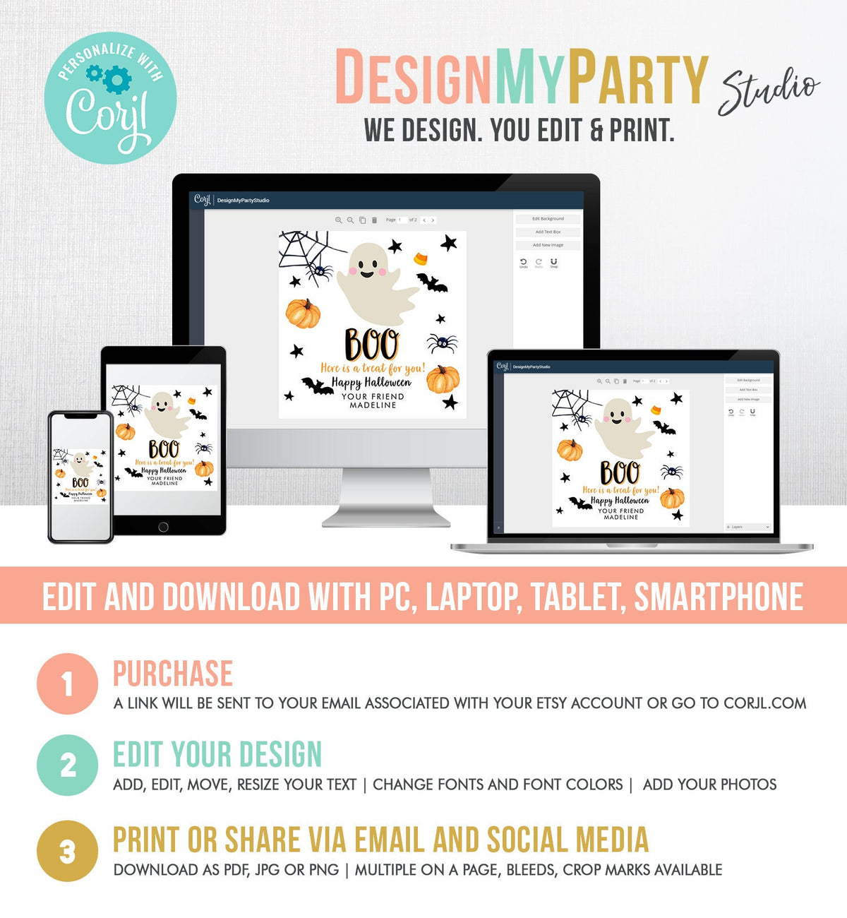 Editable Halloween Favor Tags Boo Gift Tags Costume Party Trick Or Treat Sticker Birthday Party Download Printable Template Corjl 0418 0261