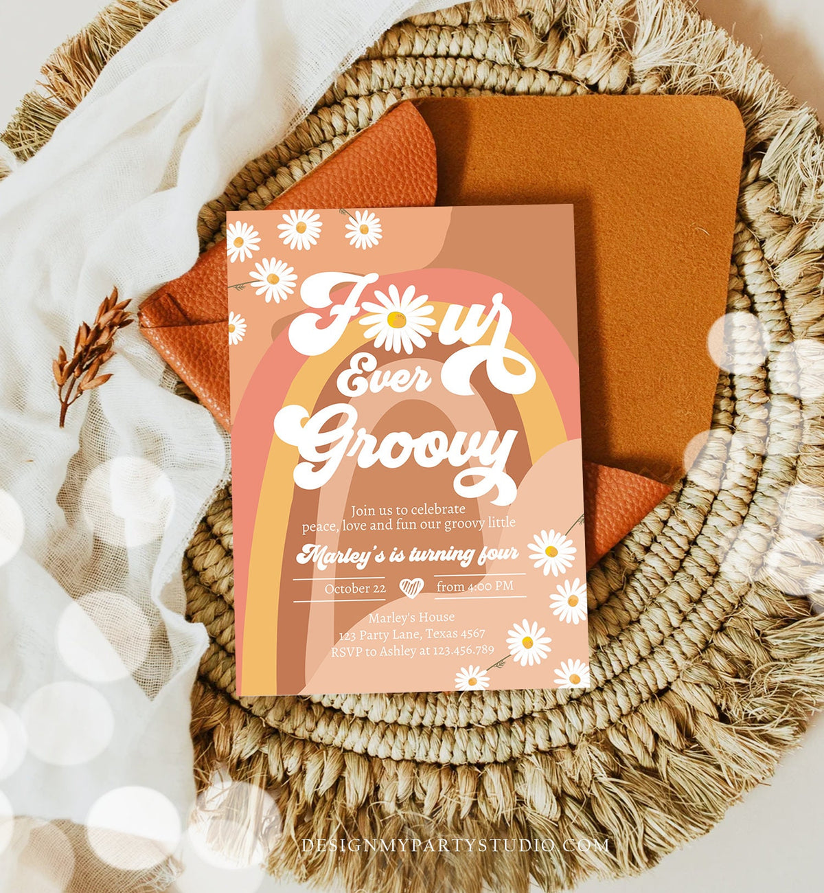 Editable Four Ever Groovy Birthday Invitation 4th Birthday Retro Floral 70s Peace Love Party Rainbow Download Template Corjl Digital 0428