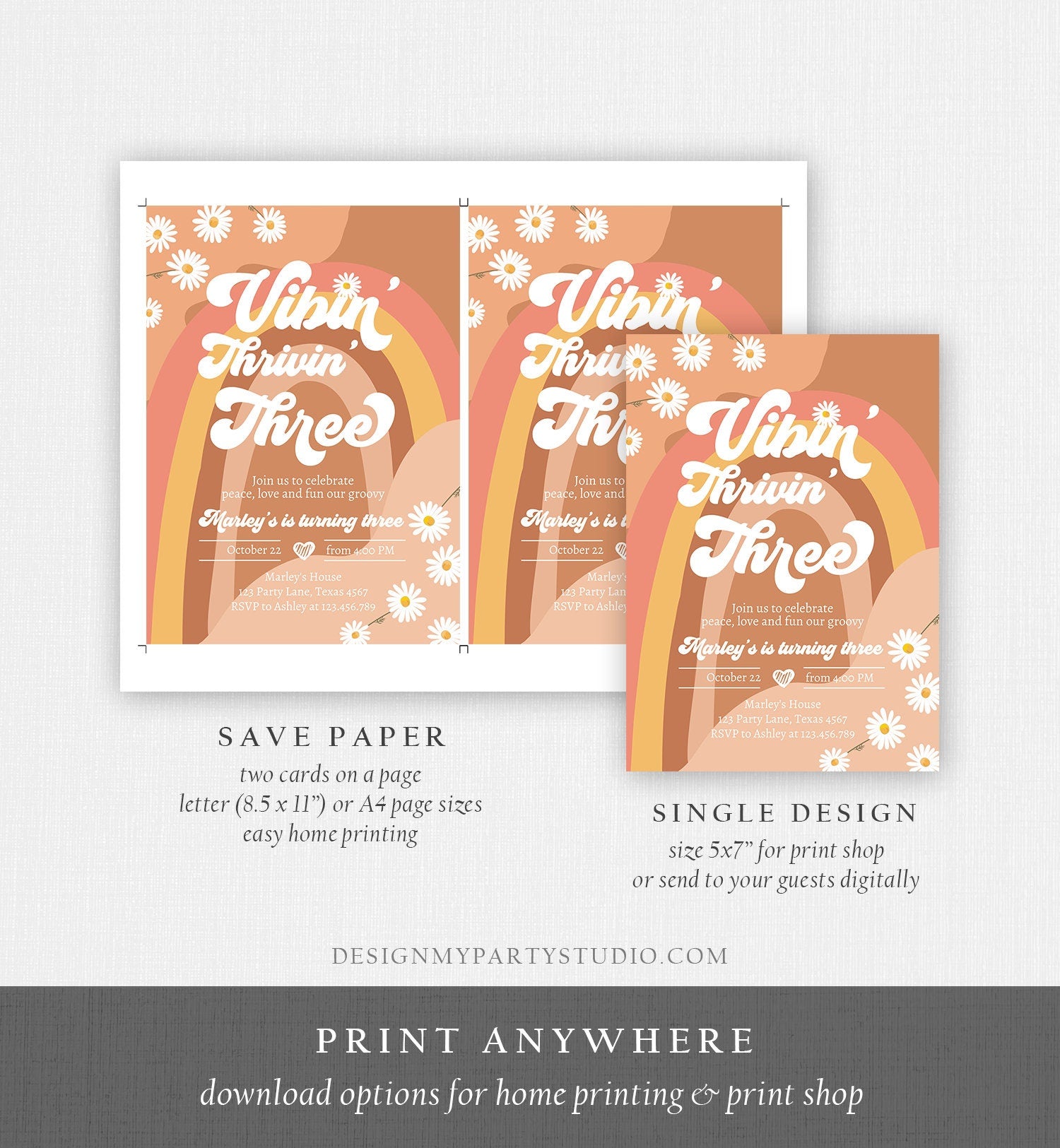 Editable Vibin' Thrivin' And Three Birthday Invitation 3rd Birthday Retro Floral 70s Peace Love Digital Download Template Printable 0428
