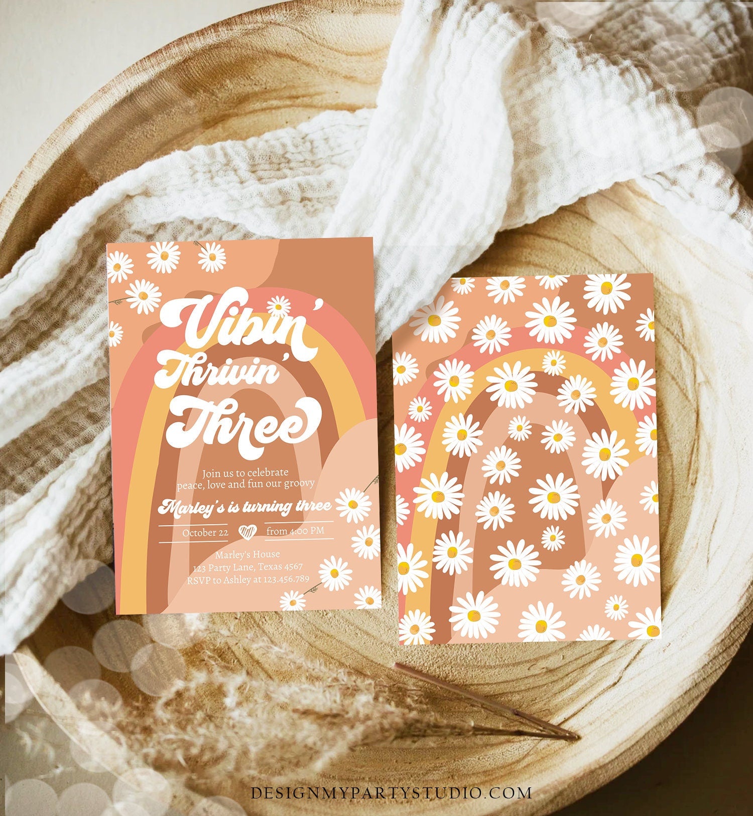 Editable Vibin' Thrivin' And Three Birthday Invitation 3rd Birthday Retro Floral 70s Peace Love Digital Download Template Printable 0428