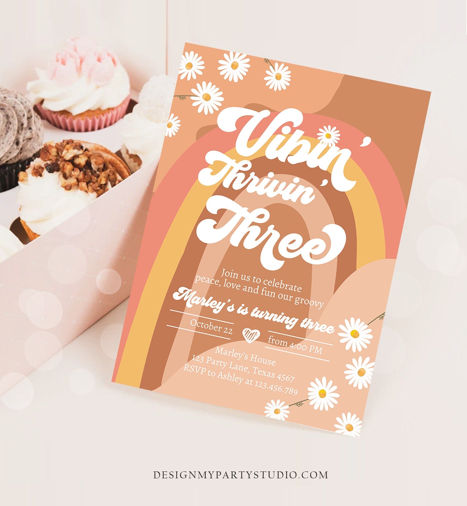 Editable Vibin' Thrivin' And Three Birthday Invitation 3rd Birthday Retro Floral 70s Peace Love Digital Download Template Printable 0428