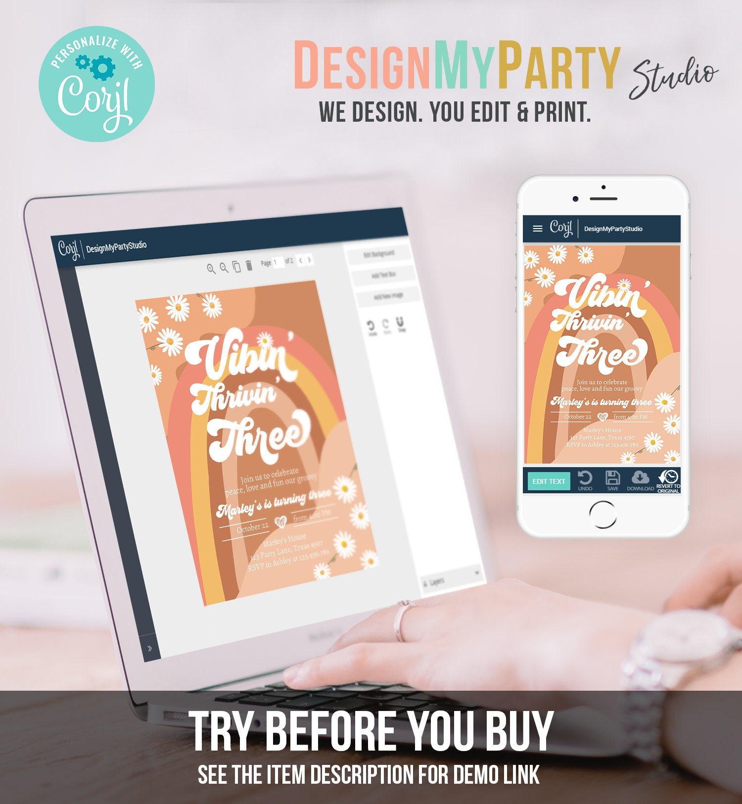 Editable Vibin' Thrivin' And Three Birthday Invitation 3rd Birthday Retro Floral 70s Peace Love Digital Download Template Printable 0428