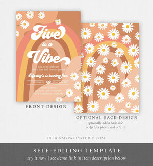 Editable Five Is A Vibe Birthday Invitation 5th Birthday Retro Floral 70s Rainbow Peace Love Party Girl Download Template Corjl Digital 0428