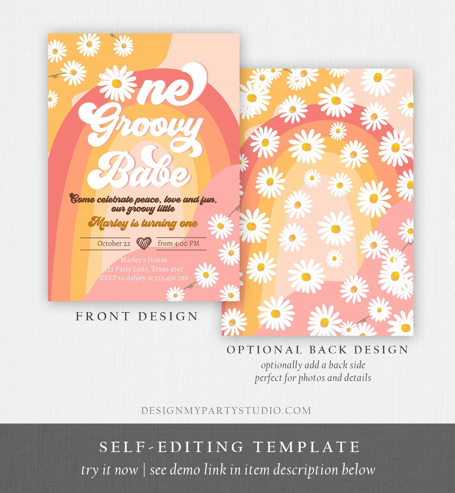 Editable Groovy One Retro 1st Birthday Invitation First Birthday One Groovy Babe Invite Peace Love Download Template Corjl Digital 0428