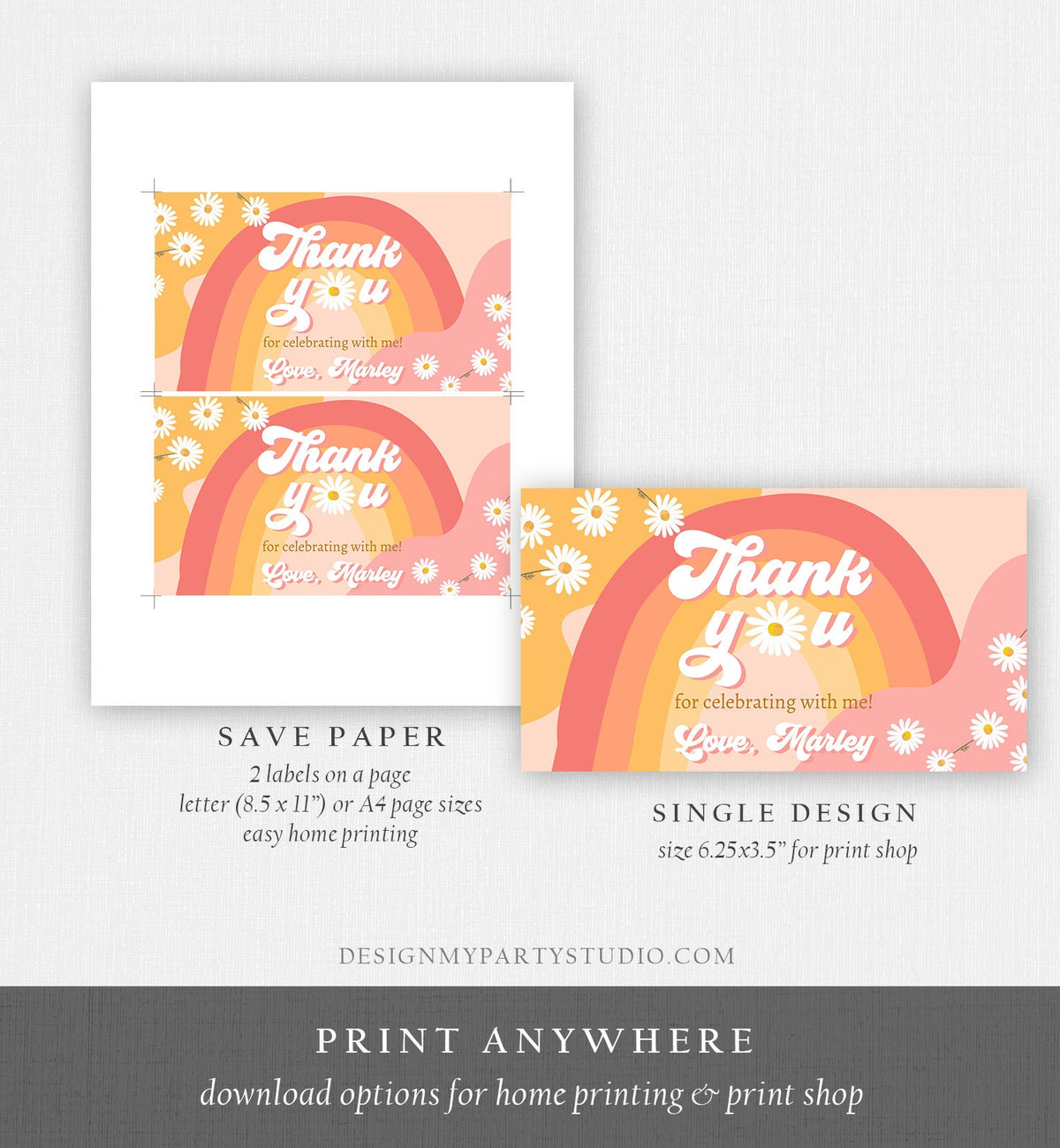 Editable Groovy Birthday Party Gable Box Favor Label Hippie 70&#39;s Gift Box Labels Boho Rainbow Daisy Two Groovy Download Printable Corjl 0428