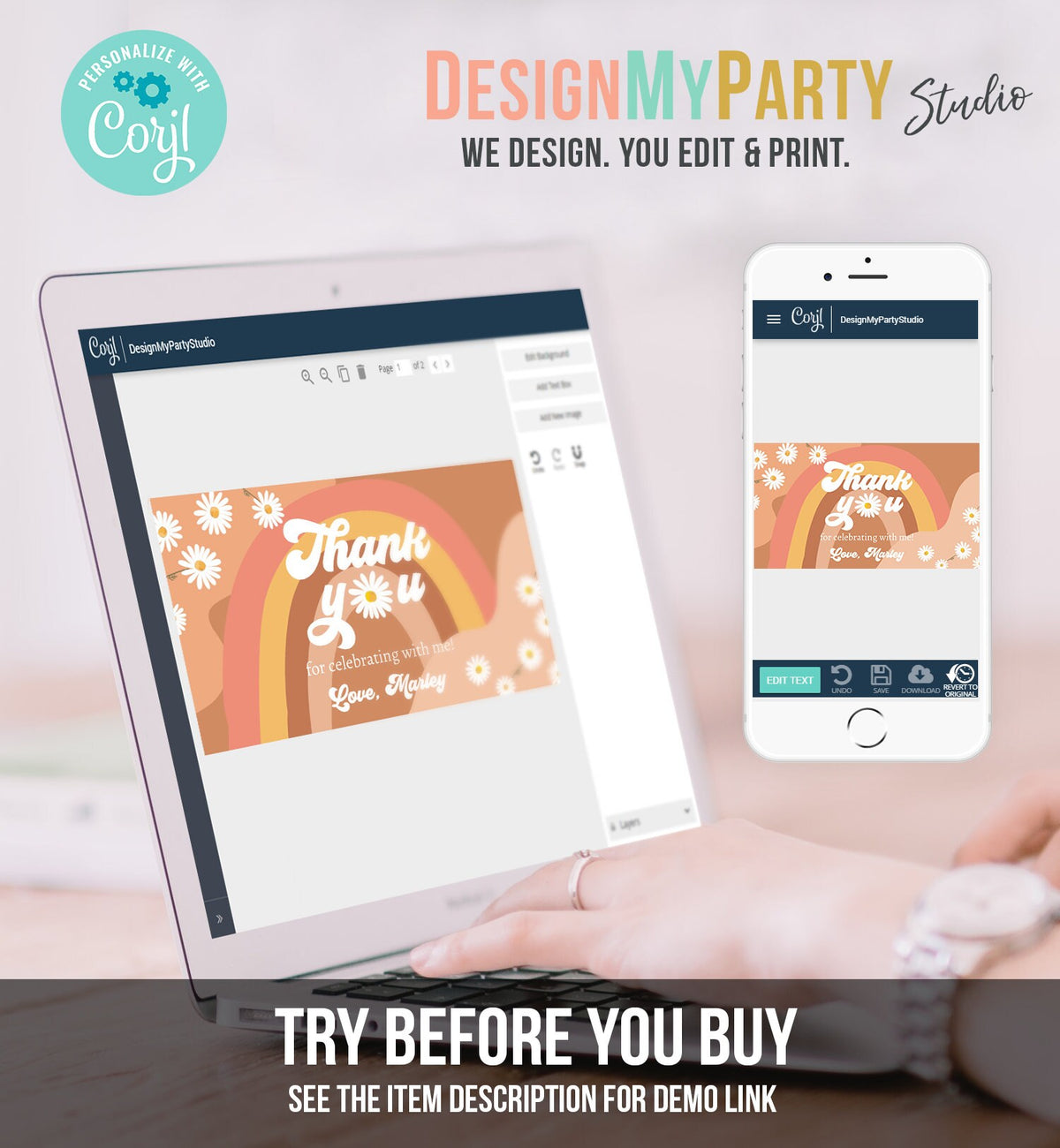 Editable Groovy Birthday Party Gable Box Favor Label Hippie 70&#39;s Gift Box Labels Boho Rainbow Daisy Two Groovy Download Printable Corjl 0428