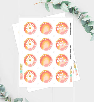 Two Groovy Birthday Cupcake Toppers Favor Tags Retro Daisy Birthday Party Decor 2nd Flower Power Festival Download Digital PRINTABLE 0428