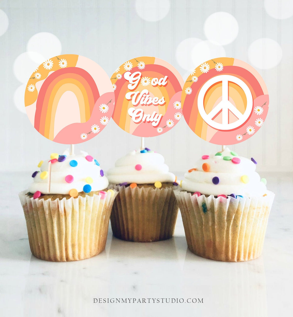 Groovy Birthday Cupcake Toppers Favor Tags Retro Florafest Decoration Hippy Boho 70&#39;s Peace Love Party Vibes Download Digital PRINTABLE 0428