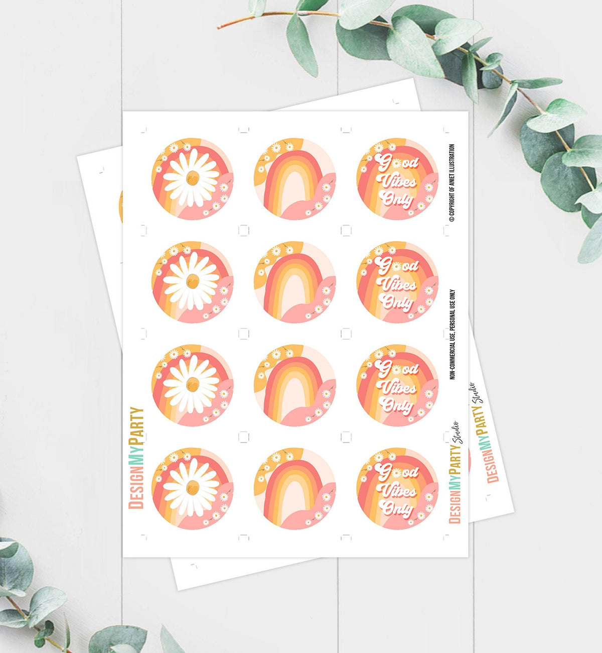 Groovy Birthday Cupcake Toppers Favor Tags Retro Florafest Decoration Hippy Boho 70&#39;s Peace Love Party Vibes Download Digital PRINTABLE 0428