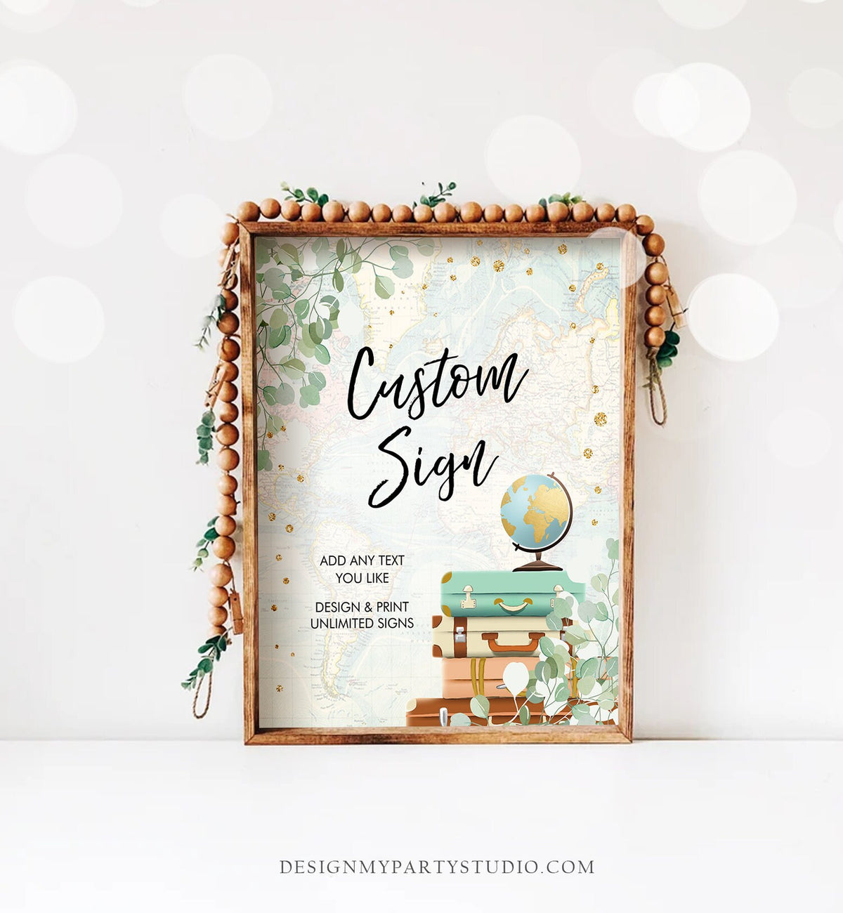 Editable Custom Sign Eucalyptus Travel Adventure Bridal Shower Traveling to Mrs Flowers Greenery Gold Confetti Corjl Template PRINTABLE 0030