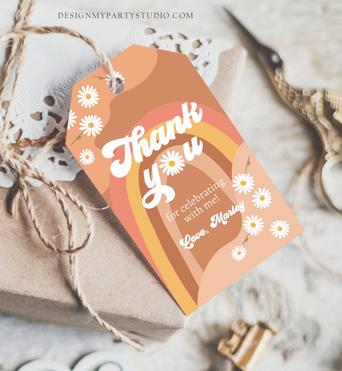 Editable Retro Daisy Favor Tags 1st 2nd Groovy Birthday Thank you Tags Festival Gift tags 70s Floral Hippie Digital Template Printable 0428