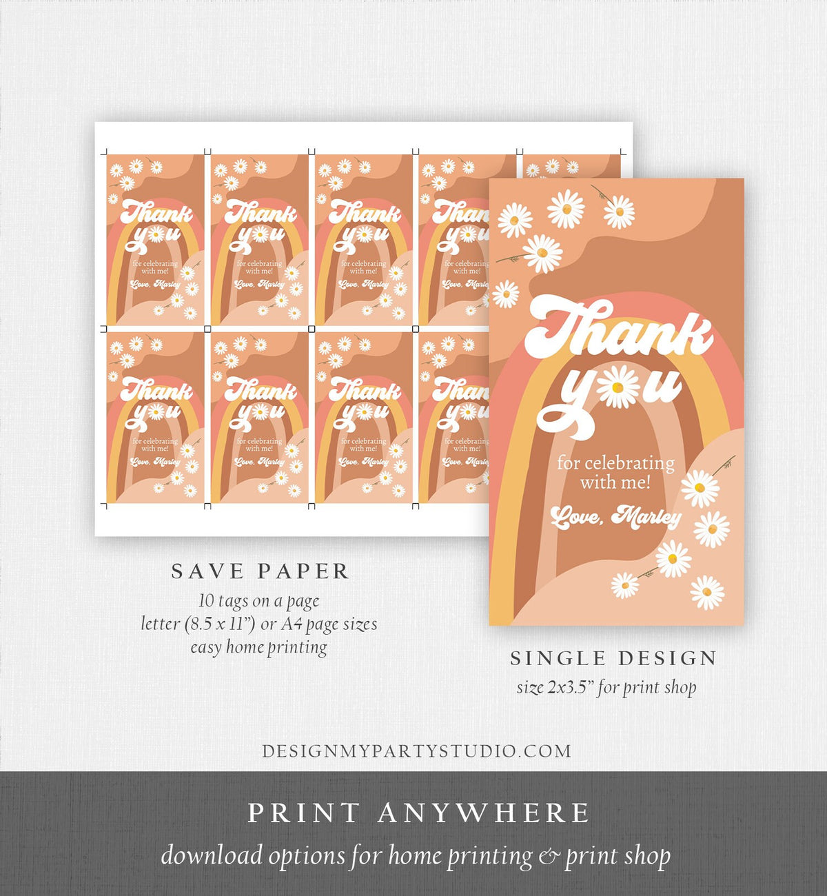 Editable Retro Daisy Favor Tags 1st 2nd Groovy Birthday Thank you Tags Festival Gift tags 70s Floral Hippie Digital Template Printable 0428