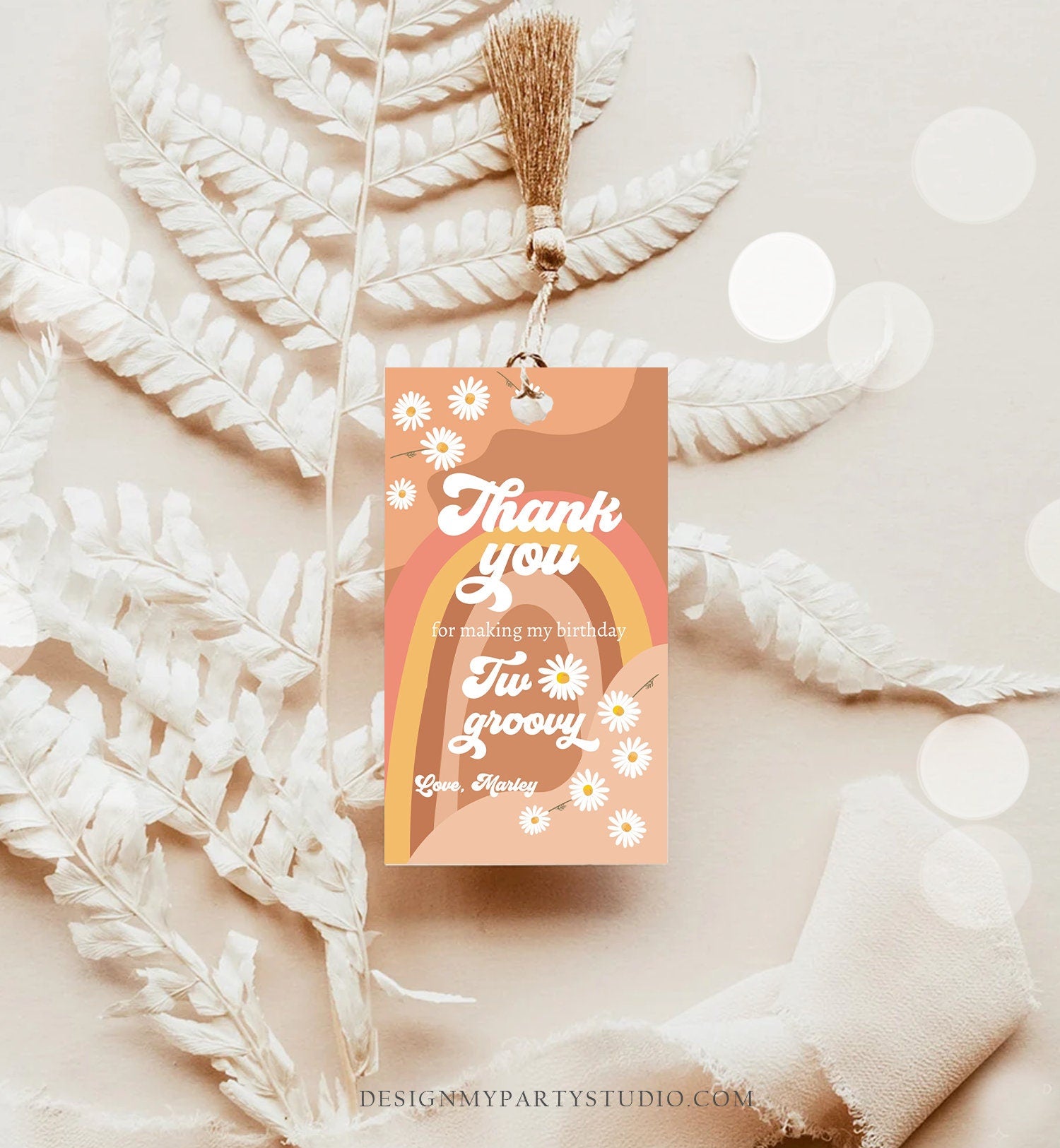 Editable Retro Daisy Favor Tags 2nd Two Groovy Birthday Thank you Tags Festival Gift tags 70s Floral Hippie Template Corjl PRINTABLE 0428