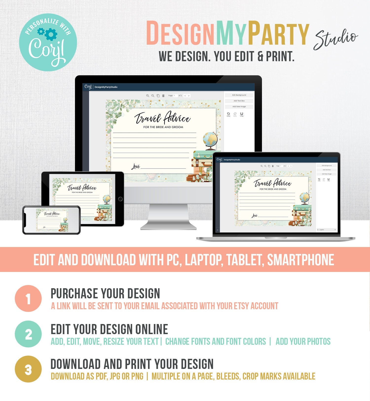 Editable Advice for the Bride-to-Be Card Eucalyptus Bridal Shower Travel Adventure Words of Wisdom Game Gold Digital Template Printable 0030