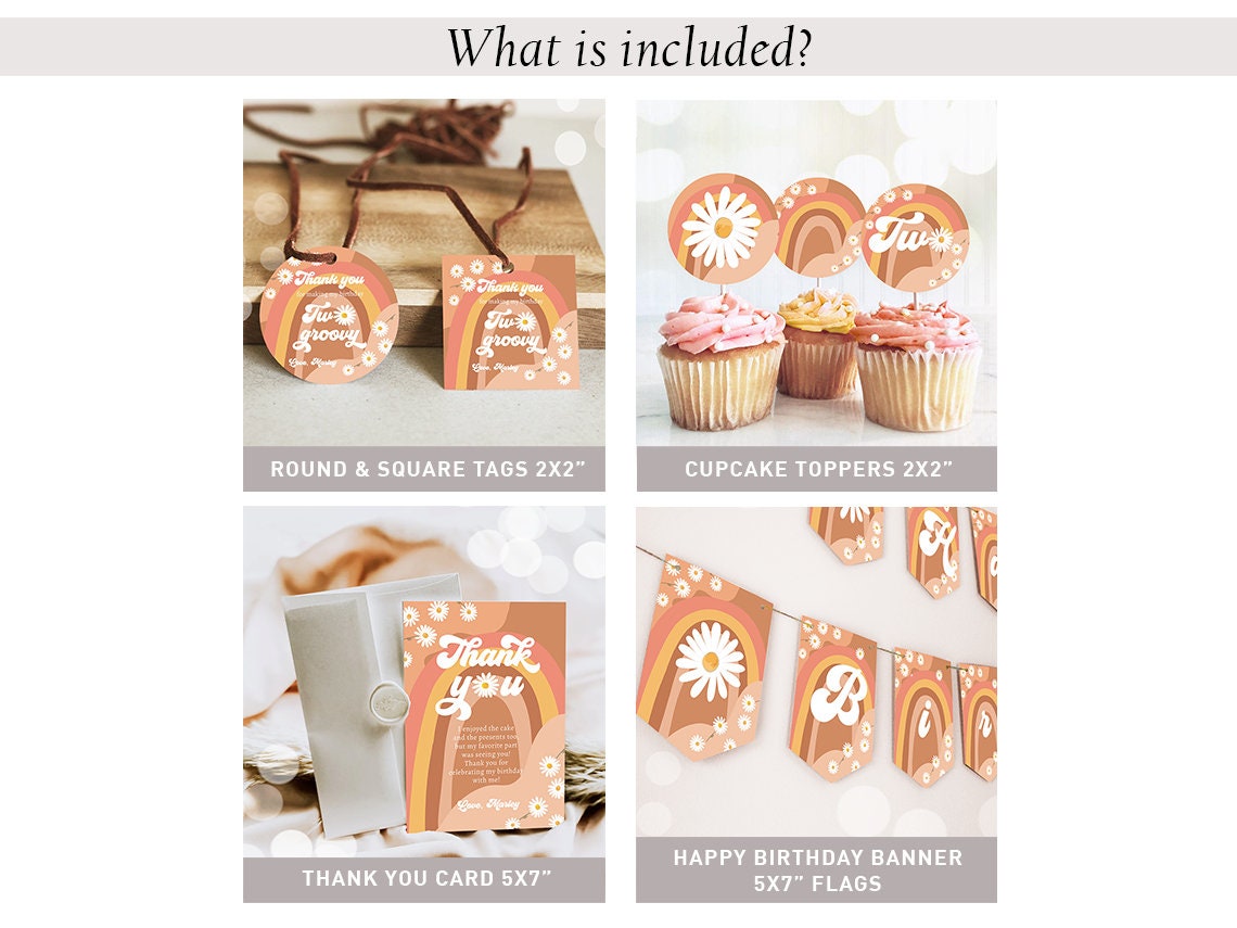 Two Groovy Birthday Invitation Bundle 2nd Birthday Boho Kit Retro Rainbow Party Package Peace Love 70's Digital Template Printable 0428