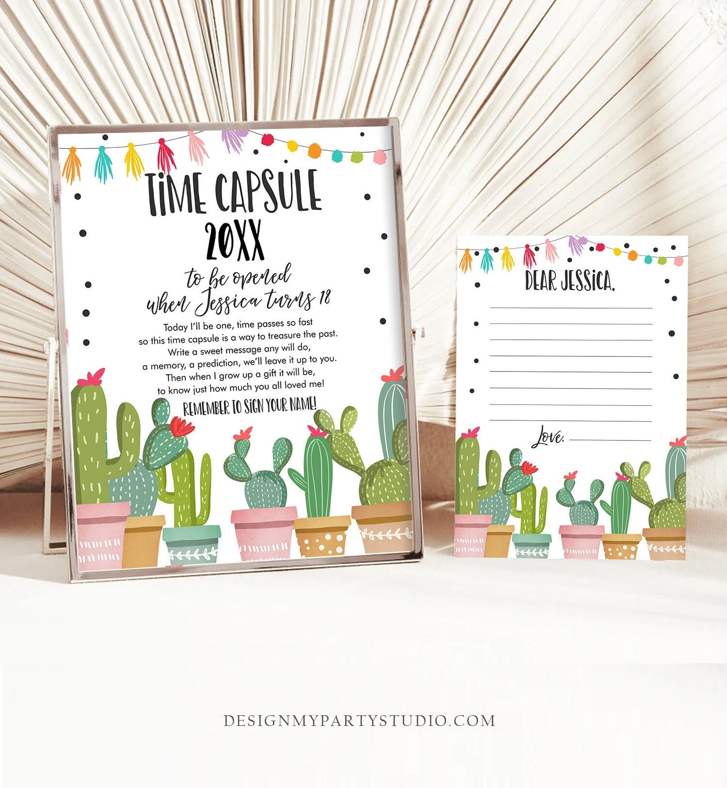 Editable Fiesta Time Capsule Mexican Birthday Party Cactus Uno Succulent Boy Girl First Birthday 1st Download Corjl Template Printable 0254