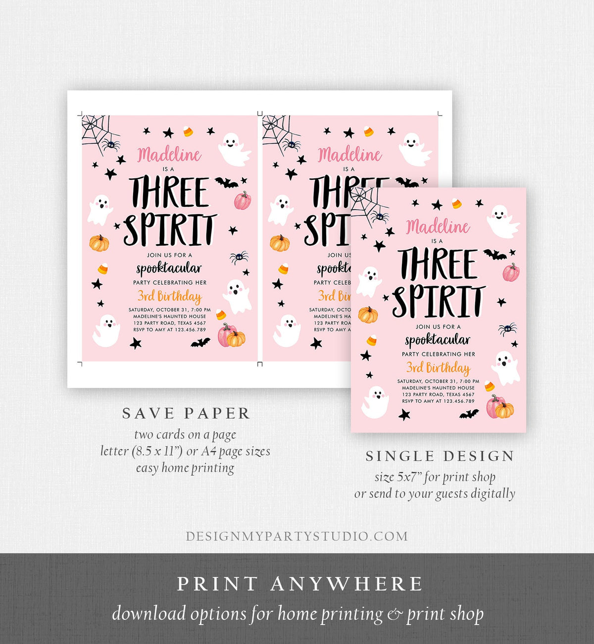 Editable Halloween Birthday Invitation Pink Ghost Three Spirit 3rd Birthday Party Spooktacular Spooky Digital Template Printable 0418