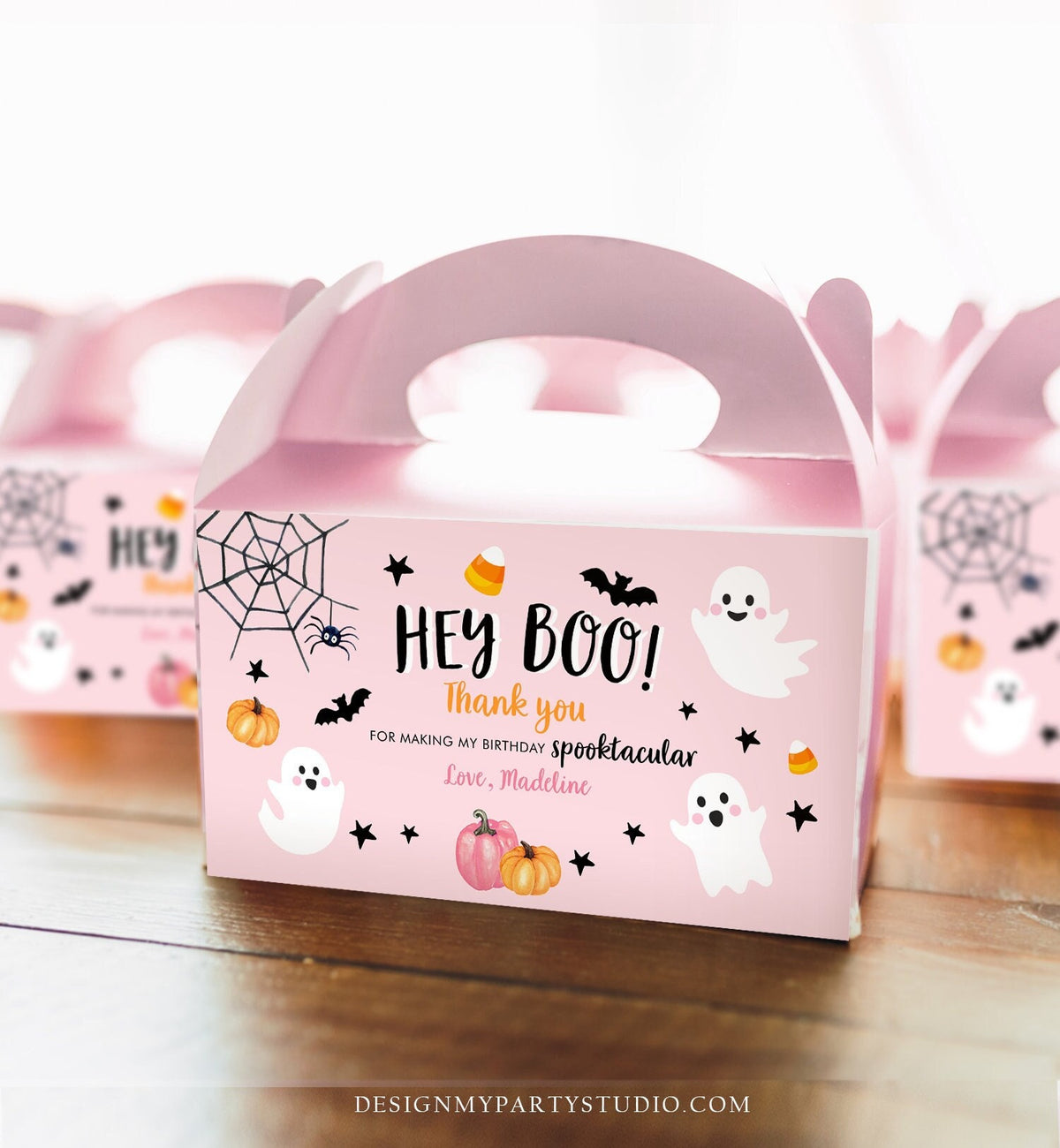 Editable Pink Halloween Gable Box Favor Label Halloween Ghost Gift Box Label Hey Boo Pink Ghost Birthday Treat Download Printable Corjl 0418