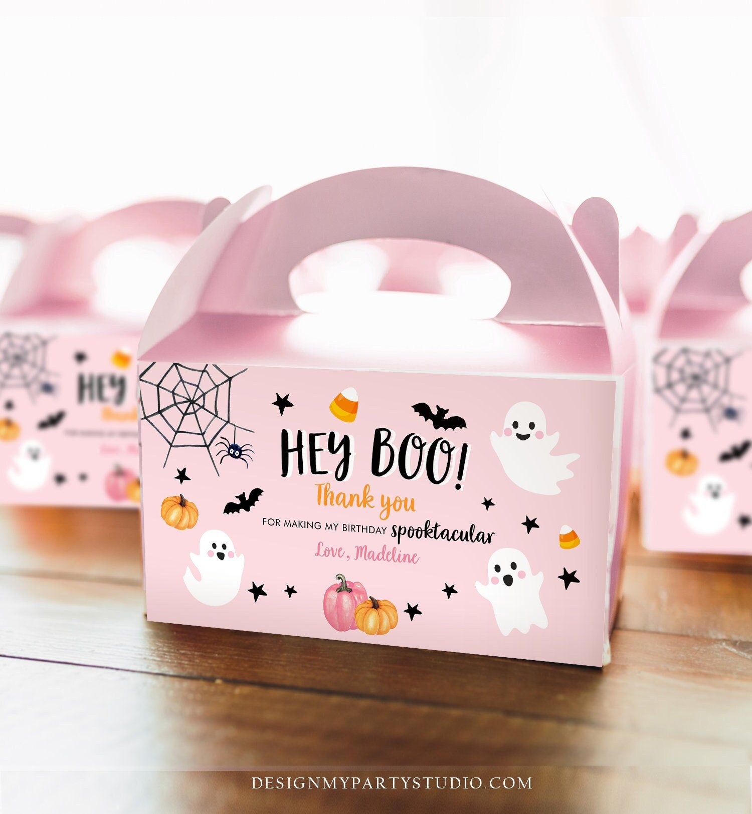 Editable Pink Halloween Gable Box Favor Label Halloween Ghost Gift Box Label Hey Boo Pink Ghost Birthday Treat Download Printable Corjl 0418