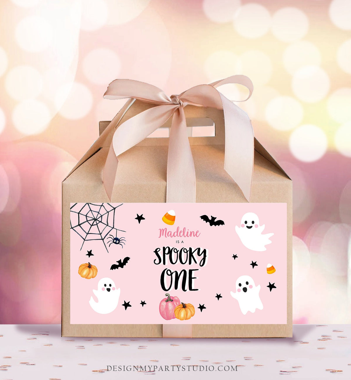 Editable Pink Halloween Gable Box Favor Label Halloween Birthday Gift Box Spooky One Pink Ghost 1st Digital Download Template Printable 0418