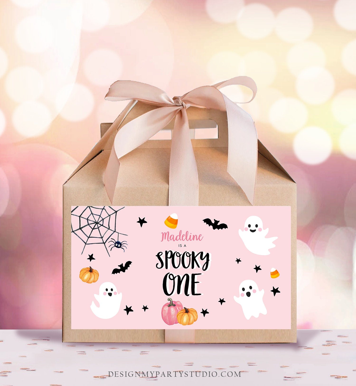 Editable Pink Halloween Gable Box Favor Label Halloween Birthday Gift Box Spooky One Pink Ghost 1st Digital Download Template Printable 0418