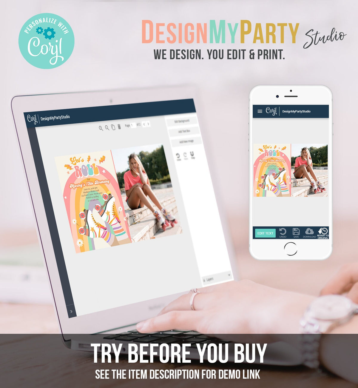 Editable Retro Roller Skate Birthday Party Invitation Let&#39;s Roll Skating Kids Rainbow 70&#39;s Skate Invite Download Template Corjl Digital 0435