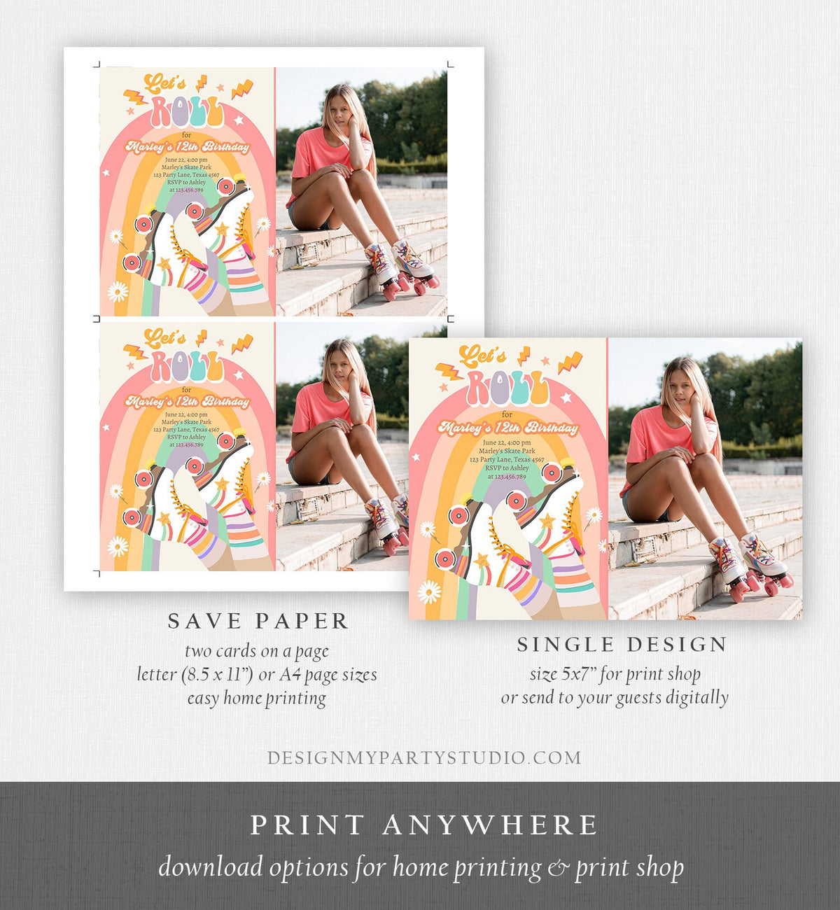 Editable Retro Roller Skate Birthday Party Invitation Let&#39;s Roll Skating Kids Rainbow 70&#39;s Skate Invite Download Template Corjl Digital 0435