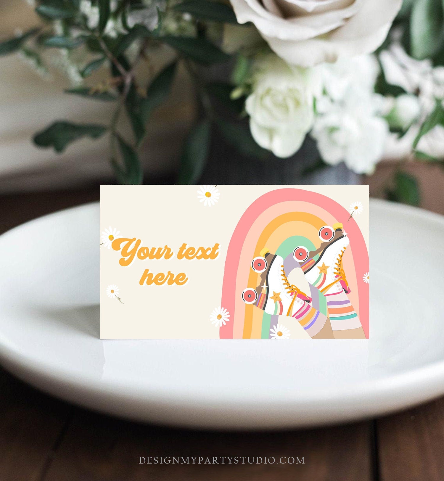 Editable Roller Skate Food Labels Roller Skate Birthday Rainbow Tent Card Girl Retro Skating Girl 70s 80s Digital Template Printable 0435