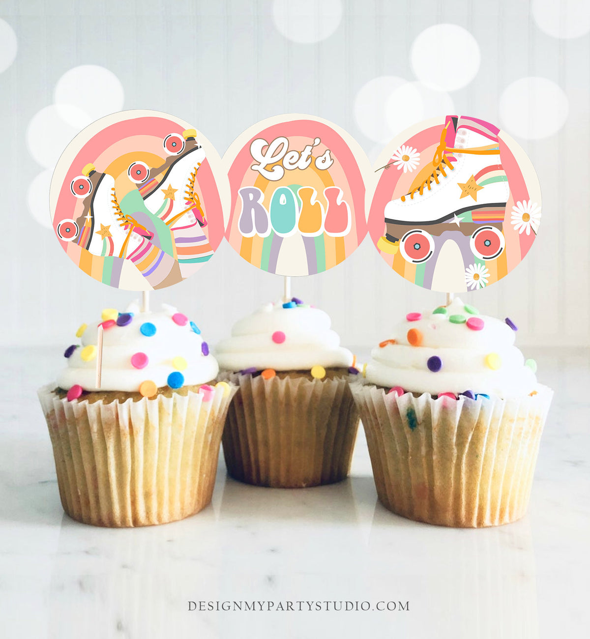 Roller Skate Cupcake Toppers Skate Birthday Favor Tags Retro Daisy Roller Rink Party Decor Rainbow Hippie Download Digital Printable 0435