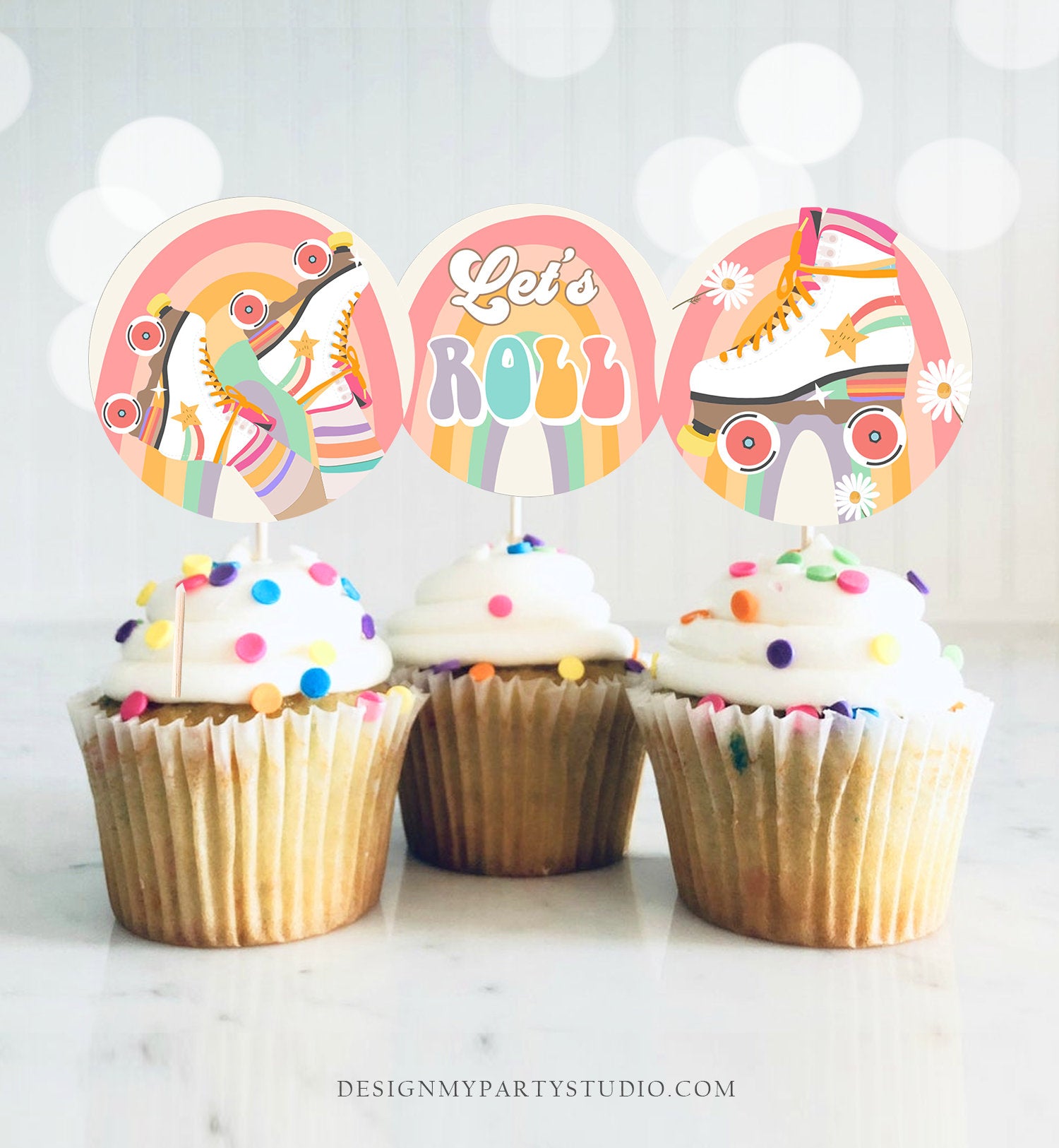 Roller Skate Cupcake Toppers Skate Birthday Favor Tags Retro Daisy Roller Rink Party Decor Rainbow Hippie Download Digital Printable 0435