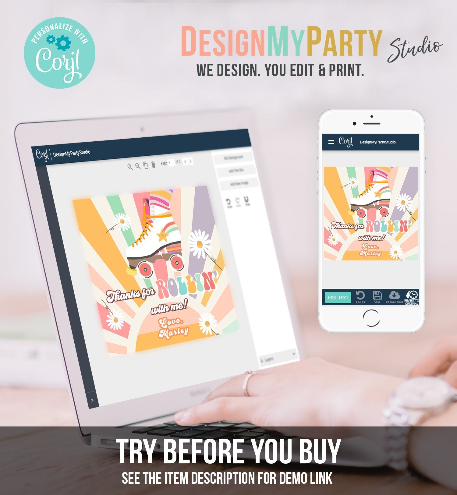 Editable Roller Skating Favor Tag Roller Skate Birthday Thank You Stickers Retro Skate Party DIsco Download Printable Corjl Template 0435