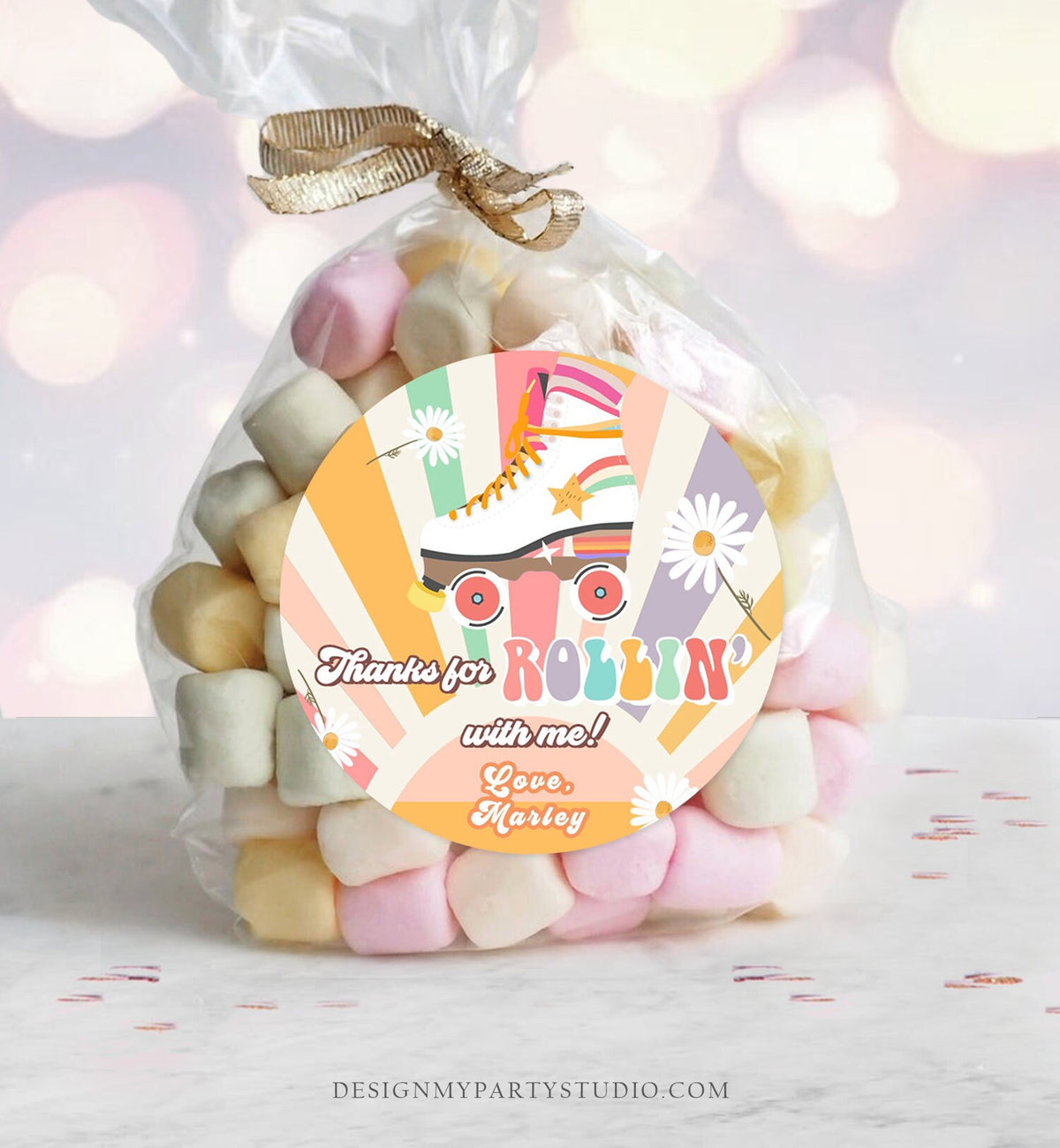 Editable Roller Skating Favor Tag Roller Skate Birthday Thank You Stickers Retro Skate Party DIsco Download Printable Corjl Template 0435