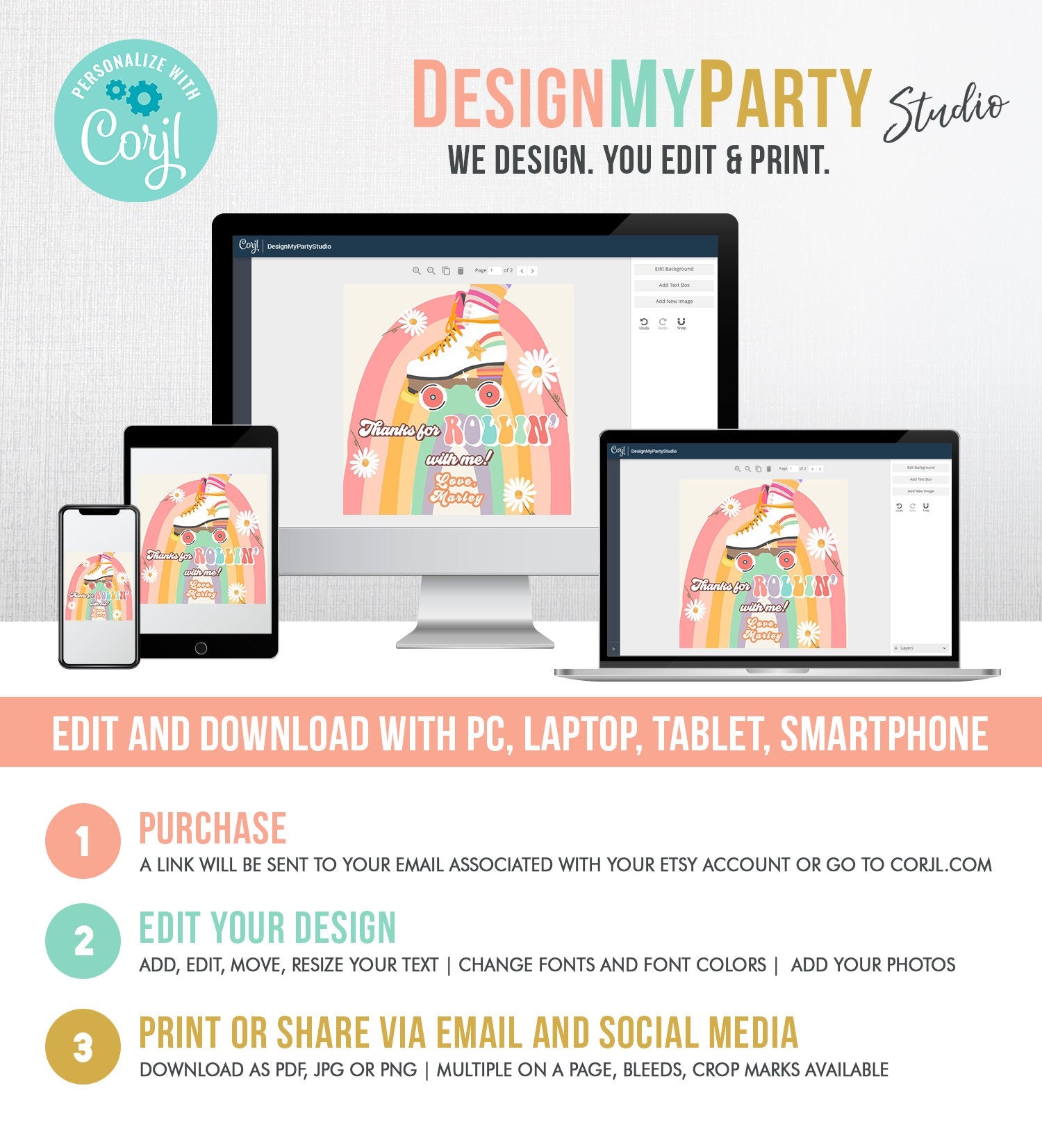 Editable Roller Skating Favor Tag Roller Skate Birthday Thank You Stickers Retro Skate Party DIsco Download Printable Corjl Template 0435