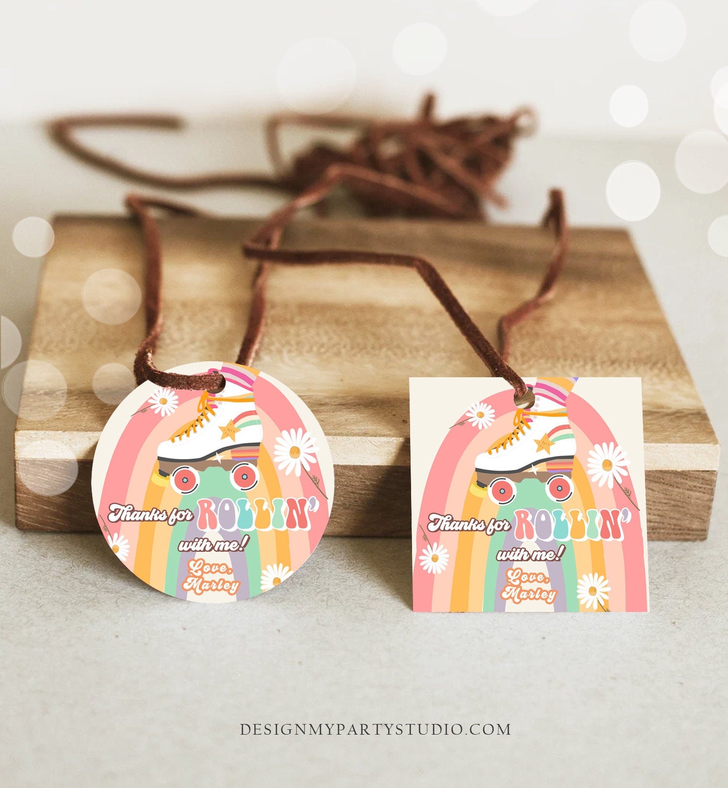 Editable Roller Skating Favor Tag Roller Skate Birthday Thank You Stickers Retro Skate Party DIsco Download Printable Corjl Template 0435
