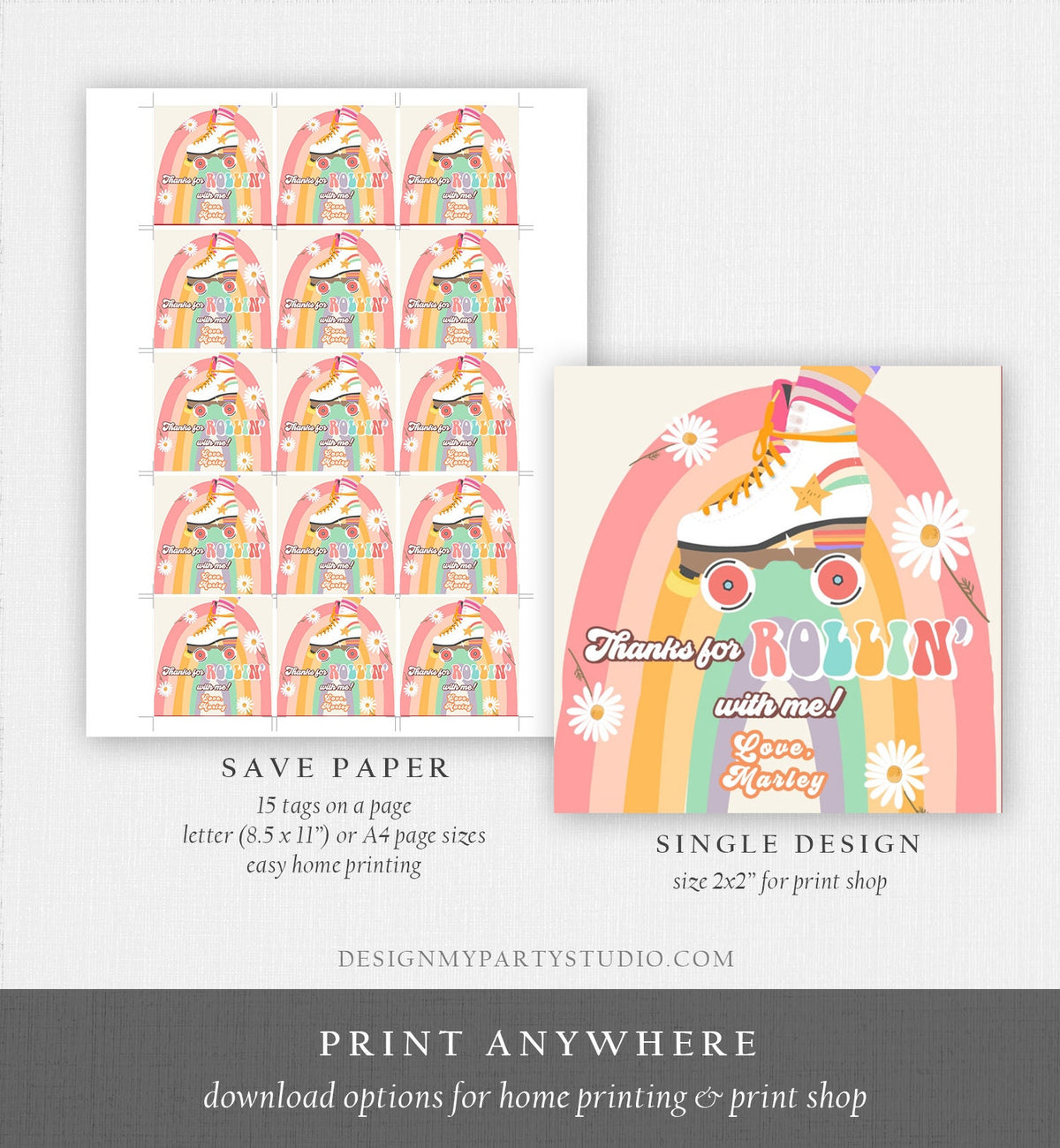 Editable Roller Skating Favor Tag Roller Skate Birthday Thank You Stickers Retro Skate Party DIsco Download Printable Corjl Template 0435