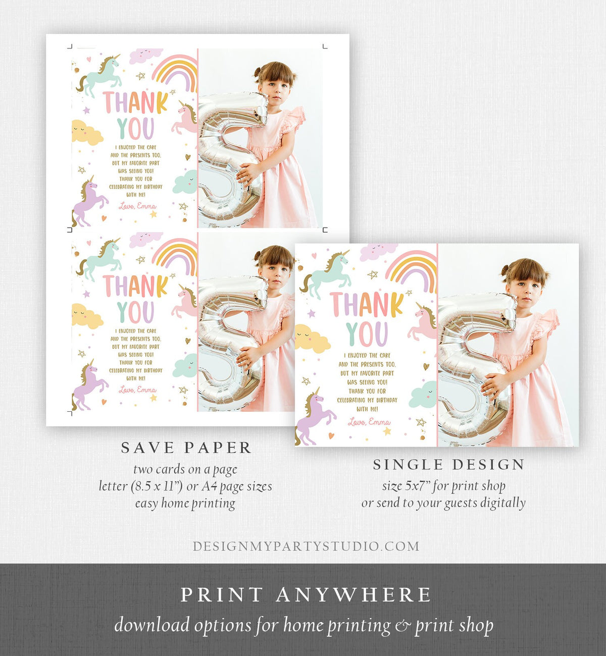 Editable Unicorn Thank You Card Magical Party Birthday Girl Pink Pastel First Digital Unicorn Party Template Rainbow Download Corjl 0426