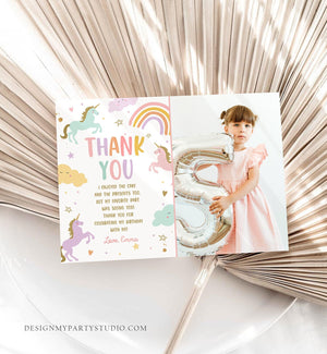 Editable Unicorn Thank You Card Magical Party Birthday Girl Pink Pastel First Digital Unicorn Party Template Rainbow Download Corjl 0426