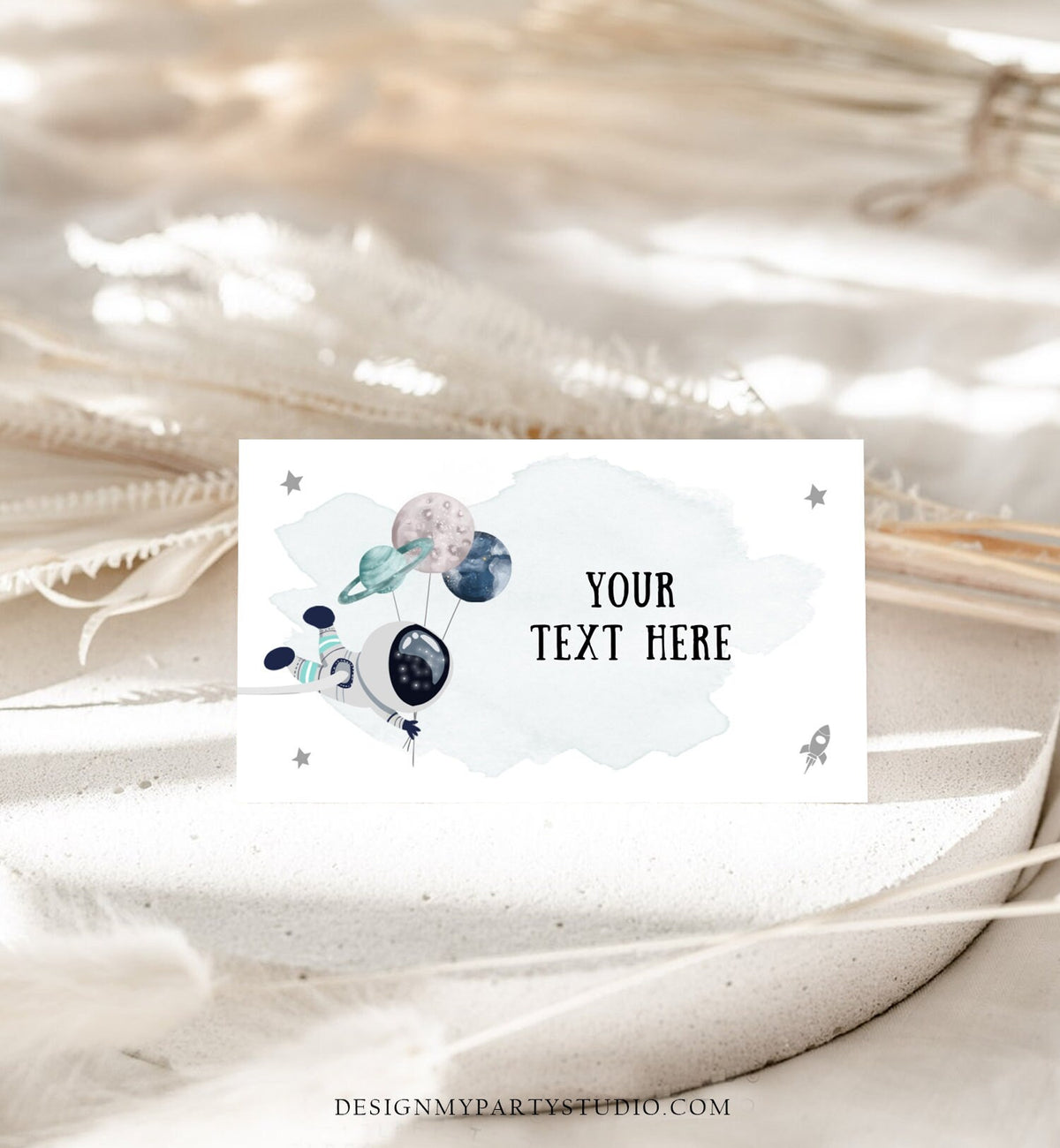 Editable Food Labels Outer Space Astronaut Birthday Galaxy Food Labels Place Card Tent Card Escort Card Blue Silver Corjl Template 0366