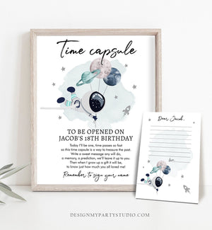 Editable Outer Space Time Capsule First Birthday Party Astronaut Rocket Space Birthday Moon Planets Guestbook Template Printable Corjl 0366