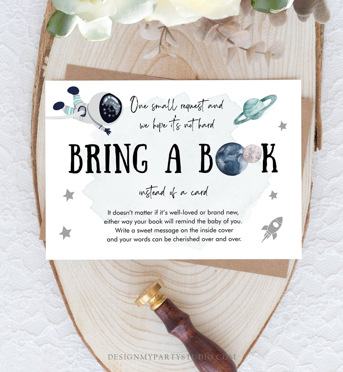 Editable Outer Space Astronaut Bring a Book Card Baby Shower Space Galaxy Watercolor Baby Boy Blue Rocket Book Insert Corjl Template 0366