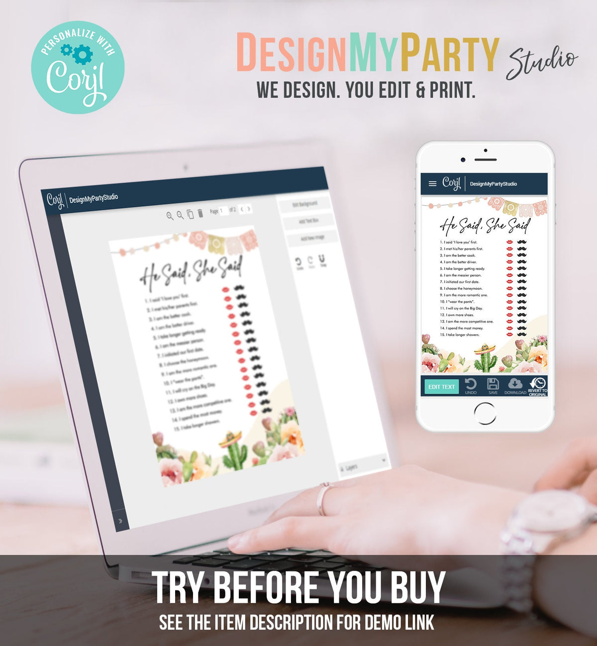 Editable He Said She Said Bridal Shower Game Cactus Fiesta Mexican Coed Shower Succulent Wedding Activity Corjl Template Printable 0419