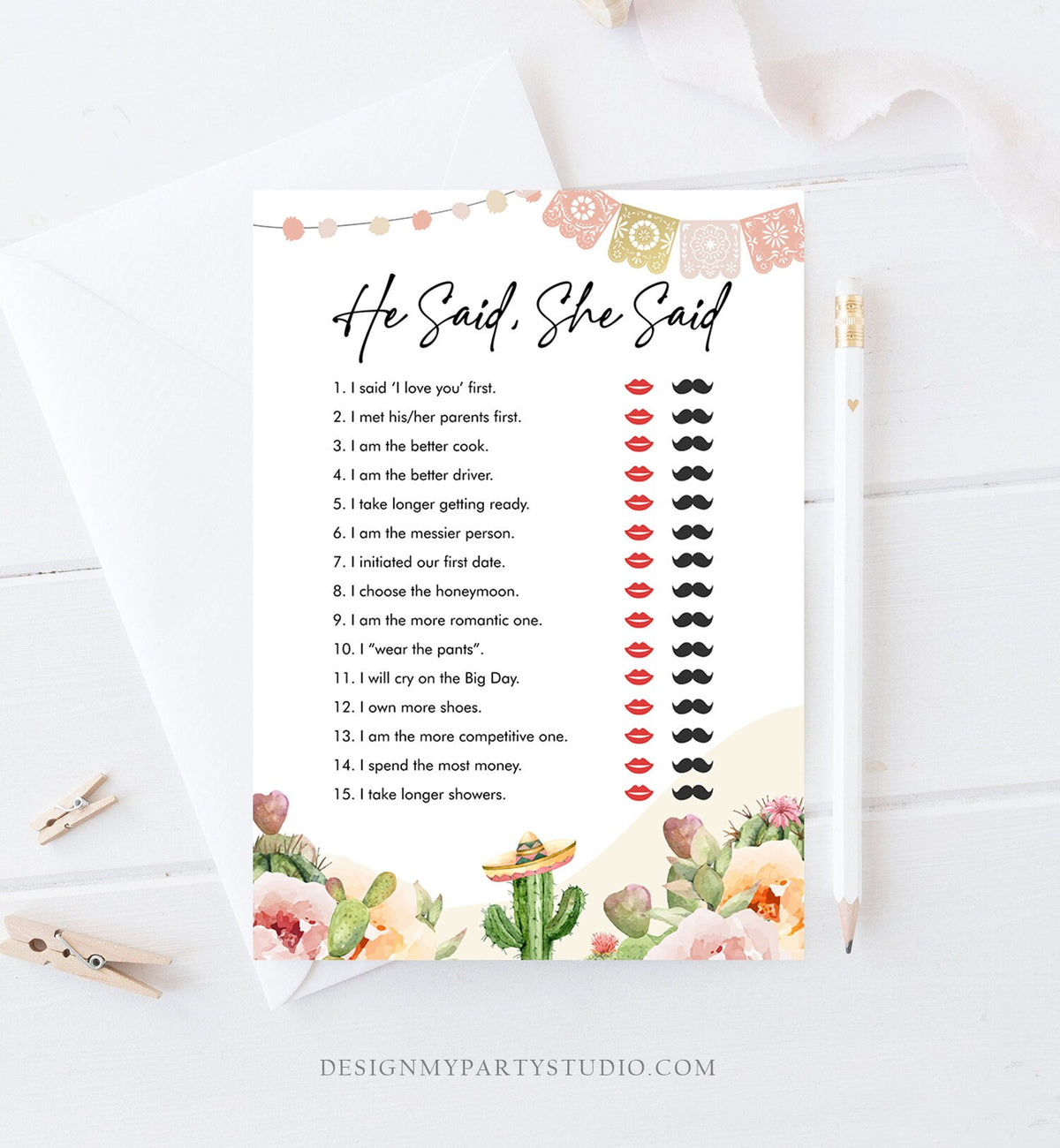 Editable He Said She Said Bridal Shower Game Cactus Fiesta Mexican Coed Shower Succulent Wedding Activity Corjl Template Printable 0419