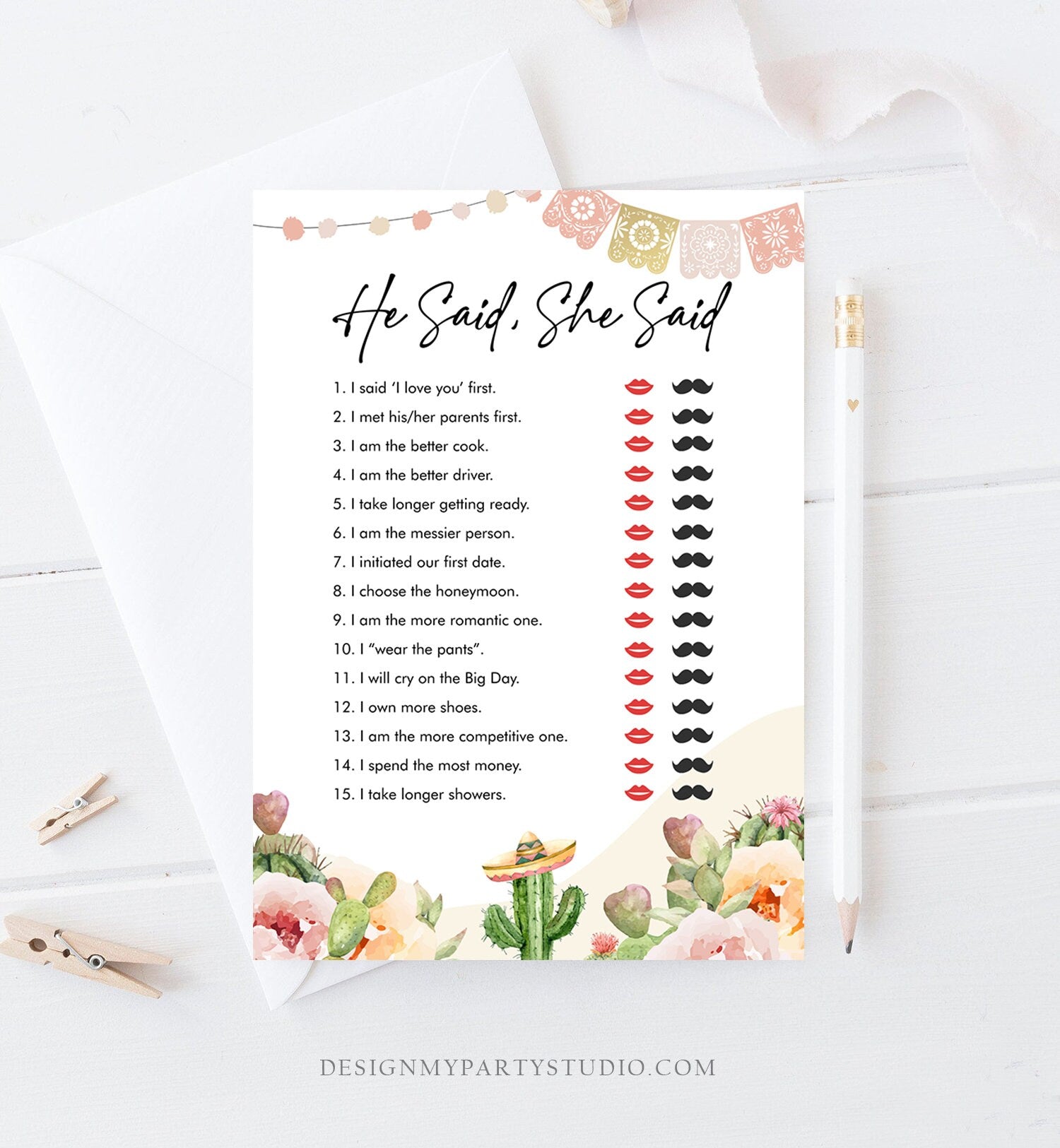 May include: He Said, She Said game card with a light yellow background and a floral design. The card has a list of 15 questions about a couple&#39;s relationship. Each question has a red lipstick and a black mustache icon next to it. The card is decorated with a cactus and a sombrero.